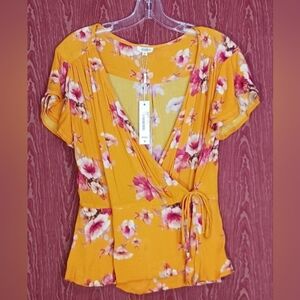 MAHILA Mustard Color Floral Tie At Side Blouse Women's M NWT
